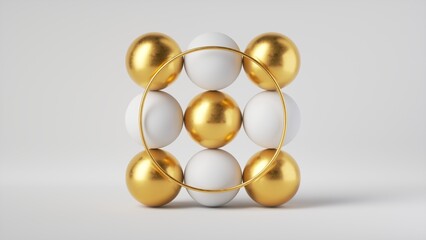 3d render, abstract minimalist geometric background. White and gold balls and golden ring