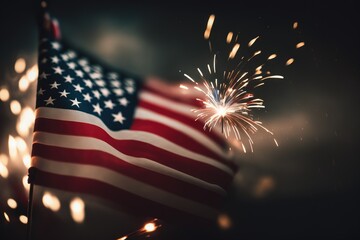 USA flag thematic abstract background with fireworks and bokeh