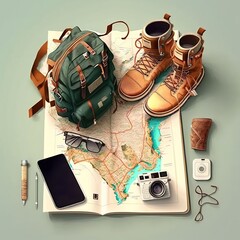 Illustration with gazet such as leather boots and rolled map and self phone and selfie stick and glasses and backpack. Generative AI.