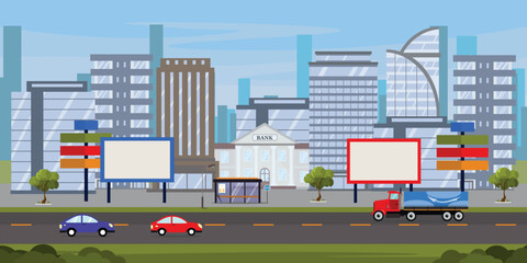 Vector illustration of a modern futuristic city with advertising banners, posters. Cartoon cityscape with residential and office buildings, billboards, stands, banks, bus stops, roads with cars.