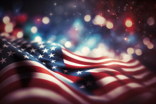 USA flag thematic abstract background with fireworks and bokeh