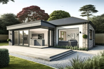 exterior of a small stylish house, large glass windows, backyard, generative AI