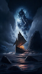 Fototapeta premium Capturing Realistic Landscapes: A Super Wide Photographic Painting Featuring Ominous Skies, Sailing and Wooden Boats, Lotus Flowers, and Huge Waves