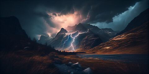 Night landscape with thunderstorm and lightning in the mountains. vector illustration,Generative AI