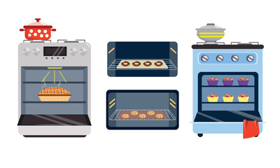 Set of gas ovens in cartoon style. Vector illustration of pans on a gas stove, ovens with baked goods: pie, muffins, donuts, cookies isolated on a white background. Preparation of dough.