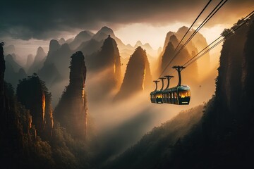 Cable car rides in the foggy mountains. Generative AI.