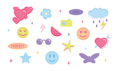 Set of cute and pretty girly stickers in a cartoon style. Vector illustration of colorful different signs: heart, lightning, flower, cloud with rain, emoticons, glasses, camera, stars, lettering.