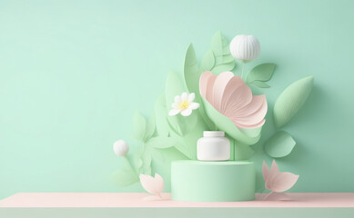 3D display podium pastel green background. White flower with leaf. Nature Blossom minimal pedestal for beauty, cosmetic product Generative Ai