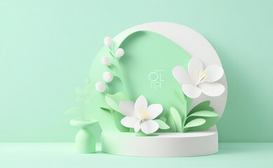 3D display podium pastel green background. White flower with leaf. Nature Blossom minimal pedestal for beauty, cosmetic product Generative Ai