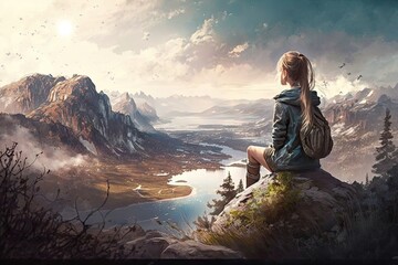 Fototapeta premium A view from the back of a girl sits on a mountain and admires the beautiful view. Generative AI illustration.