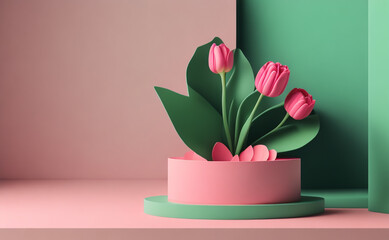 3D display podium green background with pink tulip flower and petal. Nature Blossom minimal pedestal for beauty, cosmetic produc Generative Ai