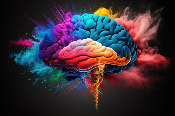 Human brain, bright colorful powder explosion. Generative AI.