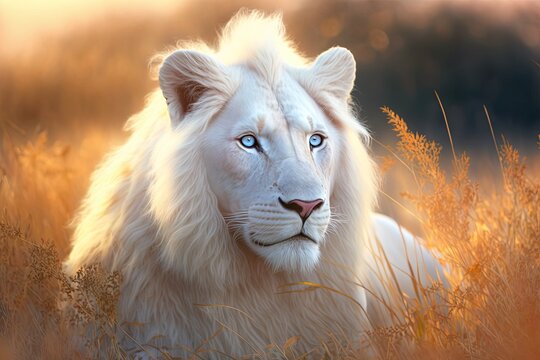 Albino white lion. Generative AI.