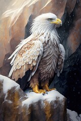 Fototapeta premium Magnificent and majestic white eagle resting on a snowy rock. Generative AI.