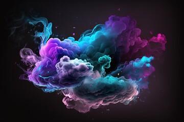 Neon blue and purple multicolored smoke puff cloud design elements on a dark background. Generative AI.