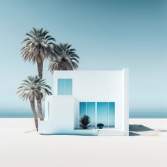 Minimalist home white and blue in front of the sea with palms. Generative AI.