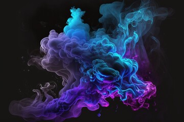 Neon blue and purple multicolored smoke puff cloud design elements on a dark background. Generative AI.