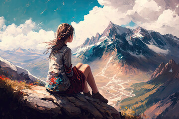Naklejka premium A view from the back of a girl sits on a mountain and admires the beautiful view. Generative AI illustration.