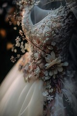 White wedding dress with tull and pastel, silver and white flowers along the neck. Generative AI.