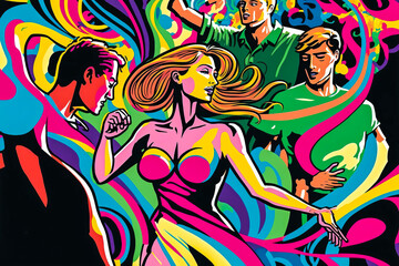Group of people dancing in vibrant and colorful nightclub environment, surrounded by swirling patterns and shapes. Bold and brilliant Pop art colors. Generative AI