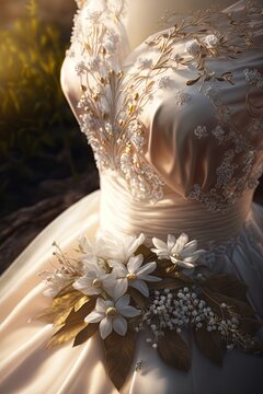 White wedding dress with tull and pastel, silver and white flowers along the neck. Generative AI.