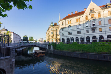 View of Preseren square and the river in Ljiubljana (Slovenia)