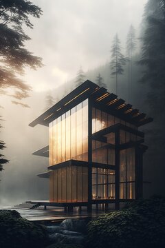 Stunning futuristic wood and glass luxury eco - home. Generative AI.