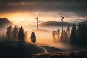 Wind turbines in beautiful landscape at sunrise with mist and fog unsplash. Generative AI.