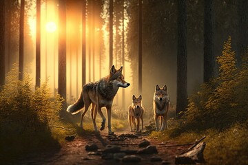 Wolf family walk through the forest. Generative AI.