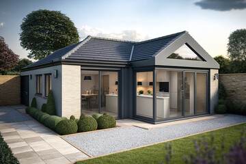 Fototapeta premium exterior of a small stylish house, large glass windows, backyard, generative AI