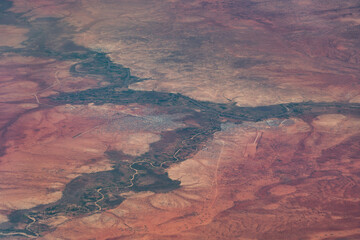 African aerial landscape view of Border area between Dolo in Ethiopia and Doolow in Somalia, located in the place where the rivers Ganale and Dawa join to form the River Jubba - obrazy, fototapety, plakaty