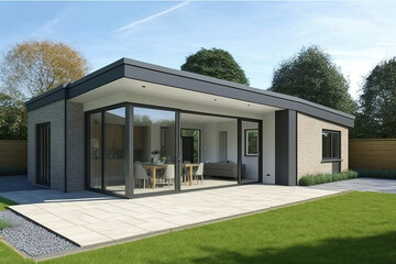 Fototapeta na wymiar exterior of a small stylish house, large glass windows, backyard, generative AI