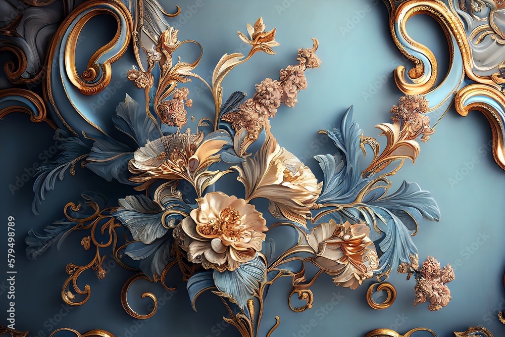 Wall mural A Wallpaper Of A Rococo Blooms Flowers Dreamy Intricate Details Pastel Scheme Blue Gold Tone Fantasy Fairytale Aesthetic Rococo Luxurious Style Background. Generative AI