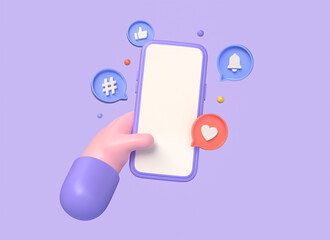 hand holds smartphone. heart, thumbs up and bell icons. illustration isolated on purple background. 3d rendering