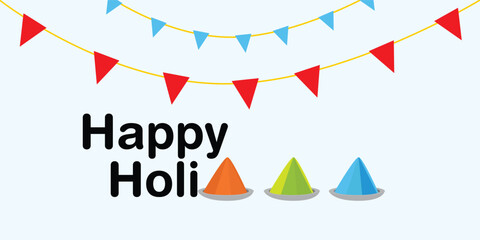 Happy holi background vector illustration, indian holiday, black text on sky blue background with colorful decoration