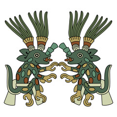 Symmetrical ethnic design with two fantastic animals. Native American art of Aztec Indians from Mexican codex. Isolated vector illustration.