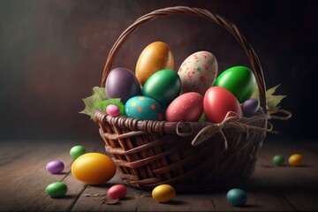 Naklejka na ściany i meble Colorful Easter Eggs in a Basket, Decorated Easter Eggs in a Basket, Happy Easter Holiday Celebration, Generative AI