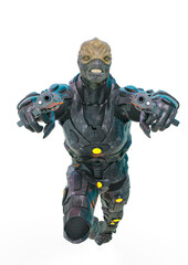 reptilian officer jumping with a gun in white background