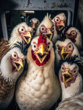 Chickens taking a selfie inside a poultry factory-Generative AI