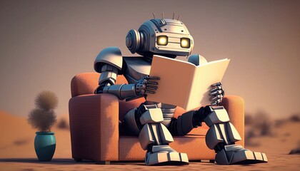 robot reading a book, cartoon character, future art, ai, android child, near future, school life concept, education concept, technological progress,