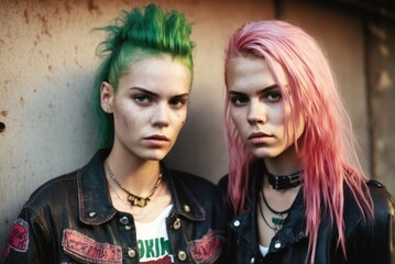 Naklejka premium Portrait of two beautiful punk girls with colored dyed hair. Punk style. Urban tribes. Generative AI