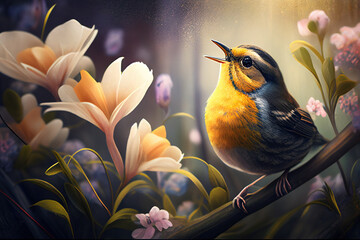 Bird singing while sitting on blossoming tree, generative AI