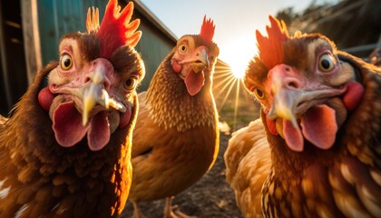 Chickens waiting to be fed up, they are looking at the camera. Generative AI