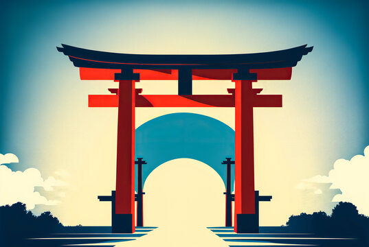 A stylized illustration of a bright red Japanese torii gate, with a deep blue sky in the background. Symbolizes the idea of finding one's path or purpose in life. Generative AI