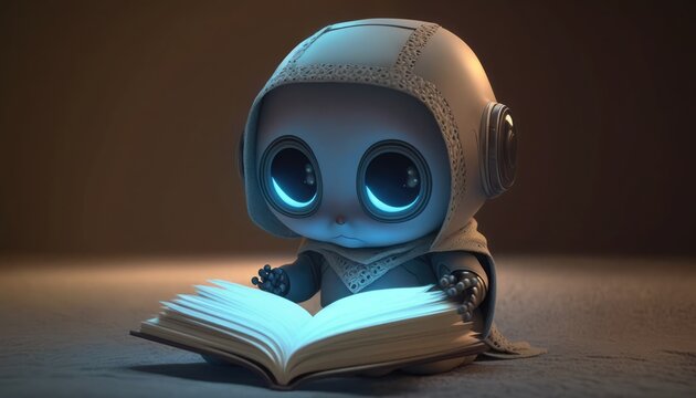 Cute robot reading a book, cartoon character, future art, ai, android child, near future, school life concept, technological progress, technological progress, education concept