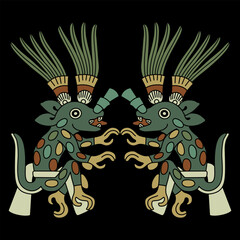 Symmetrical ethnic design with two fantastic animals. Native American art of Aztec Indians from Mexican codex. On black background.