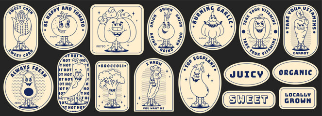 Funny vegetables retro cartoon characters sticker set. Modern label with cute comics characters. Hand drawn doodles of comic mascot. Monochrome palette. Set in modern cartoon style. 70s retro vibes.