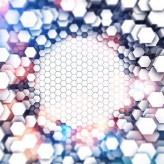 Abstract futuristic surface hexagon pattern with colorful  light. 3D Rendering. Realistic geometric mesh cells texture. - 579501170