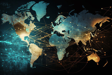 Illustration of global map with concept of connectivity and financial transactions. generative AI