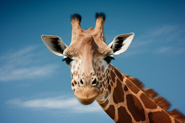 Obraz premium Head of Giraffe on blue sky. generative AI